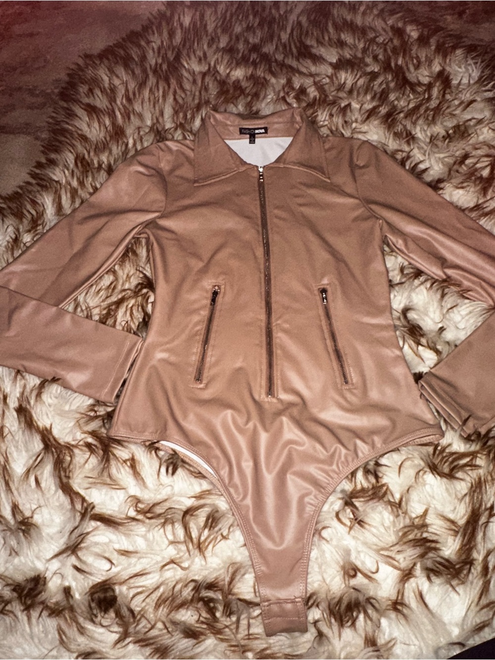 Fashion Nova Nude Pink Faux Leather Zip-Front Bodysuit